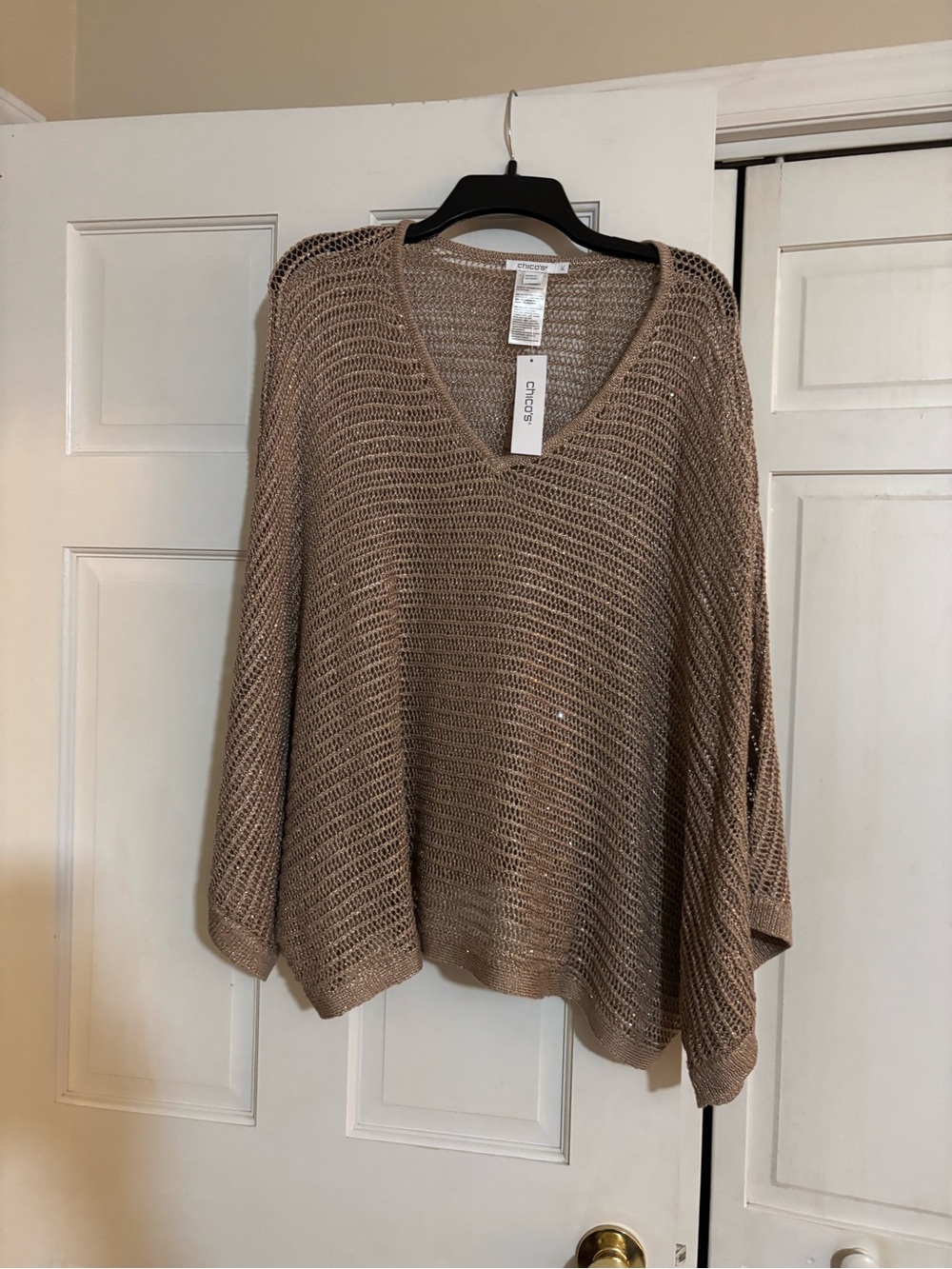 Chico's Taupe Open-Knit V-Neck Sweater